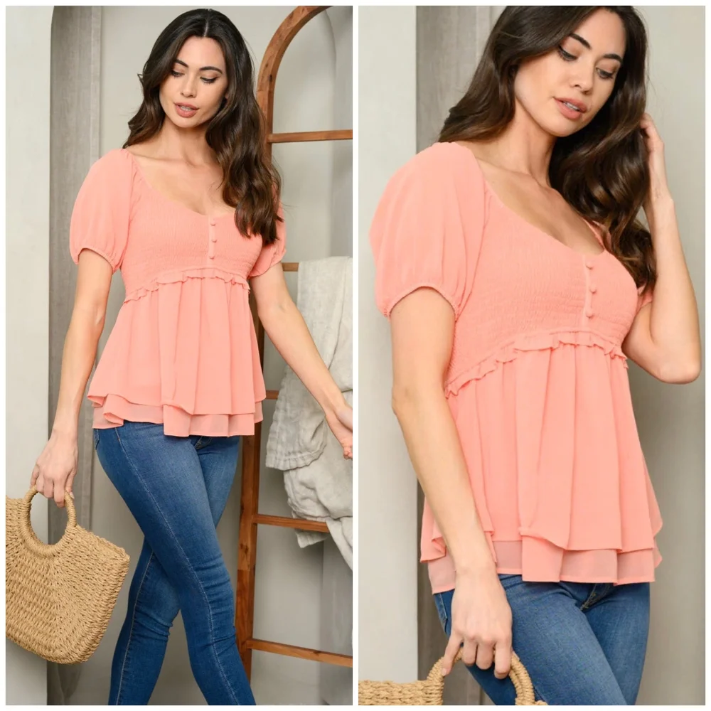 BaeVely Vintage Chic Salmon Short Sleeves Babydoll Top - Picture 4 of 6